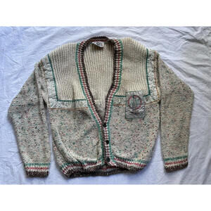 RARE Vtg Camp Beverly Hills Womens Cardigan Multicolor Patch Sweater Sz Med